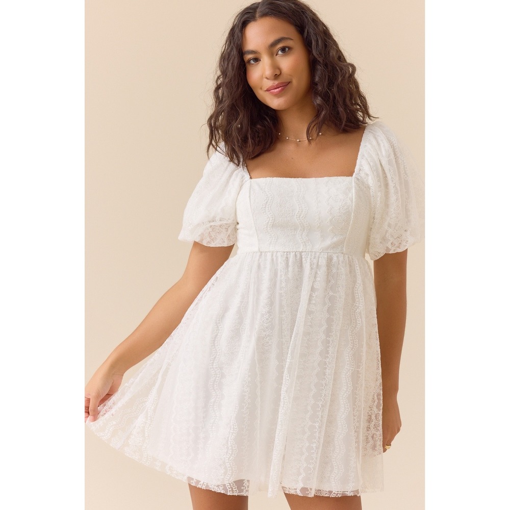 Altar'd State Ivory Lace Puff Sleeve Mini Dress Square Neck Size XL‎